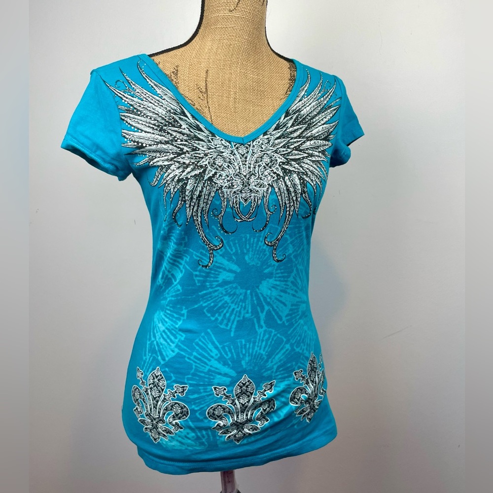 Y2K Graphic Wings Tee V Neck V Back Bling Womens Medium Goth Cyber Punk